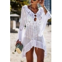 Stylish Ladies Hollow Knit Top V Neck Split Detail Flare Sleeve Tied Waist Loose Fit Tunics Knit Top