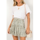 Vintage Womens Skirt Floral Pattern Drawstring Elastic Waist Mini Skirt with Ruffles