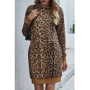 Comfortable Women Hoodie Leopard Print Long Sleeve Rib Hem Hoodie in Brown