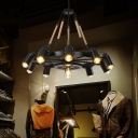 Industrial 43''W Large Chandelier with Rope and Cone Metal Shade in Black, 8 / 10 Light