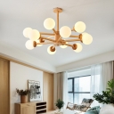 Wooden Hanging Ceiling Light with Globe White Glass Shade Modern Pendant Chandelier