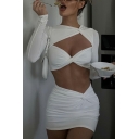 Stylish Womens Knotted Co-ords Solid Color Hollow Crew Neck Long Sleeve Crop Top & Mini Skirt Set