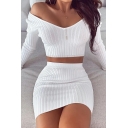 Modern Knit Co-ords Plain V Neck Long Sleeve Cropped Top with Bodycon Mini Skirt for Women