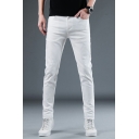 Simple Jeans Pure Color Zip Up Slim Fit Full Length Pocket Jeans for Men