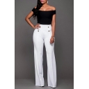 Stylish Plain Pants High Rise Button Detail Elastic Waist Pants for Women