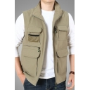 Vintage Boy's Plain Vest Flap Multi Pockets Stand Collar Regular Fitted Zip Closure Vest