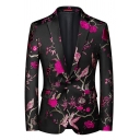 Popular Men Blazer Floral Print Lapel Collar Long Sleeve Pocket Detail Button-up Blazer