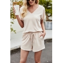 Casual Womens Co-ords V Neck Pure Color T-Shirt & Drawstring Waist Shorts Co-ords