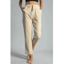Daily Drawstring Plain Pants High Rise Pocket Detail Straight Fit Pants for Women
