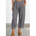 Basic Plain Pants Mid Rise Button Placket Pocket Detail Straight Fit Pants for Women