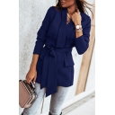 Trendy Suit Pure Color Flap Pocket Bow Sashes Shawl Lapel Suit for Ladies