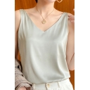 Fancy Women Camisole Solid Color Satin Backless V-Neck Tank Top