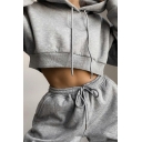 Sporty Womens Co-ords Drawstring Solid Color Crop Hoodie & Elastic Waist Pants Co-ords