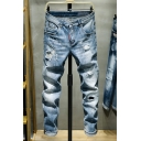 Men Trendy Jeans Plain Zip-Fly Front Pocket Distressed Design Jeans