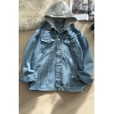 Modern Guy's Jacket Solid Color Pocket Long Sleeves Button down Denim Jacket with Hood