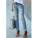 Ladies Basic Jeans Whole Colored Zip-up Ripped Middle Waist Pocket Ankle Length Jeans