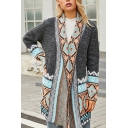 Women Cardigan Popular Tribal Print Long Sleeve Open Front Fitted Knit Cardigan