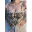 Vintage Womens Camis Floral Pattern Spaghetti Strap Criss Cross Cropped Camis