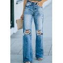 Street Look Plain Jeans Mid Rise Pocket Detail Zip Placket Ripped Design Jeans for Women