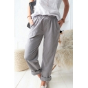 Simple Women Pants Pure Color Mid Rise Elastic Waist Pocket Detail Pants