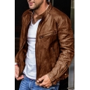 Street Look Guys Leather Jacket Plain Front Pocket Zip-up Stand Collar Leather Jacket