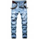 Daily Mens Jeans Plain Ripped Design Medium Wash Mid Rise Zipper Placket Full Length Jeans