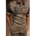Guy's Fancy Polo Shirt Crow Pattern Spread Collar Short Sleeves Polo Shirt in Brown