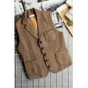 Mens Cool Vest Heathered Lapel Collar Pocket Button Up Suit Vest (Not Included Chain)