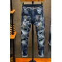 Casual Jeans Ink Printed Broken Hole Full Length Zip Placket Jeans for Guys