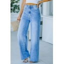 Simple Women Wide Leg Jeans Solid Color Zip Mid Waist Straight Fit Jeans