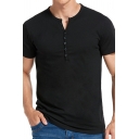 Dashing Plain T-Shirt Short Sleeve V-Neck Button Detail Regular Fit T-Shirt for Men