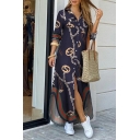 Fashionable Dress Chain Print Spread Collar Maxi Length Long-sleeved Shirt Dress for Women