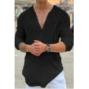 Men Leisure T-Shirt Solid Color V-Neck Relaxed Fit Long Sleeve T-Shirt