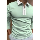 Modern Guys Polo Shirt Turn-down Collar Long-sleeved Regular Fit Zipper Detail Polo Shirt