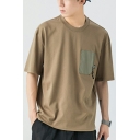 Stylish T-Shirt Contrast Color Patch Pocket Short Sleeve Round Neck Regular Fit T-Shirt for Men
