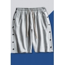 Elegant Shorts Pure Color Drawstring Waist Relaxed Fit Side Button Detail Shorts for Guys