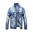 Stylish Men Blue Jacket Ink Splash Pattern Turn-down Collar Long Sleeves Button Up Denim Jacket
