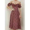 Novelty Dress Floral Pattern Off the Shoulder Ruffle A-Line Dress for Ladies
