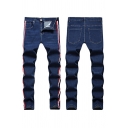 Men Unique Jeans Striped Print Zip-Fly Pocket Detailed Denim Pants