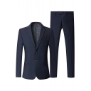 Men Vintage Suit Set Plain Lapel Collar Button Closure Jacket Side Pocket Pants Suit Set