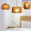 Modern Style Drum Hanging Pendant Light Wood 1-Light Pendant Light Fixtures in Beige