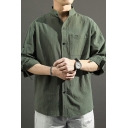 Men Urban Shirt Plain Stand Collar Chest Pocket 3/4 Length Sleeves Shirt