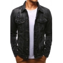 Basic Denim Jacket Plain Spread Collar Button Closure Rip Design Pocket Detail Denim Jacket for Men