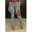 Trendy Women's Solid Color Ripped Design Pocket Detail Slim Fit Jeans