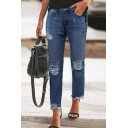 Flirty Jeans Pure Color  Middle Waist Ankle Length Ripped Pocket Jeans for Ladies