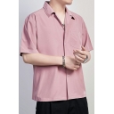 Men Trendy Shirt Plain Spread Collar Button up Chest Pocket Short-Sleeved Shirt