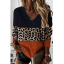 Urban Mens Sweatshirt Leopard Print V-neck Long-Sleeved Regular Fitted Sweatshirt