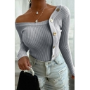 Leisure Women's Knit Top Plain Button Detail Long Sleeve One Shoulder Kint Top