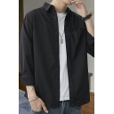 Vintage Guys Plain Shirt Turn-down Collar Chest Pocket Button Closure Button Shirt