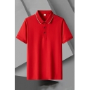 Daily Polo Shirt Contrast Line Turn-down Collar Short-Sleeved Button Fly Polo Shirt for Guys
